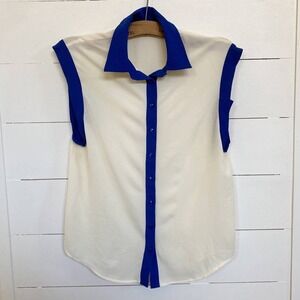 Sisley Sleeveless Cream Contrast Blue Trim Button Dressy Y2K Top - XS‎